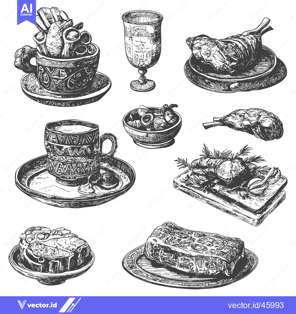 Premium Vector dari Hand-Drawn Illustration of Various Meat Dishes and Drinks