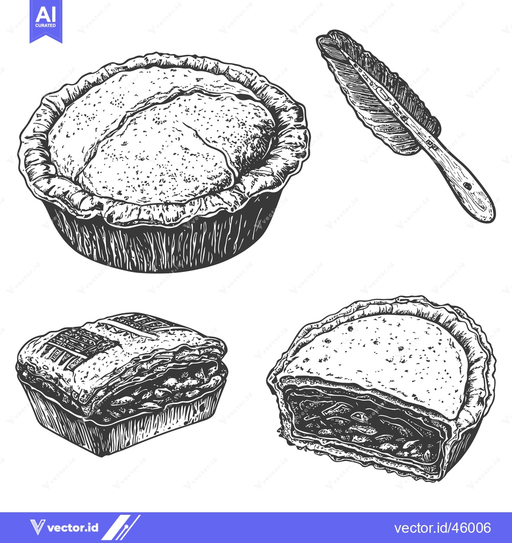 Premium Vector dari Hand-drawn Illustration of Various Pies with a Feather and Handle
