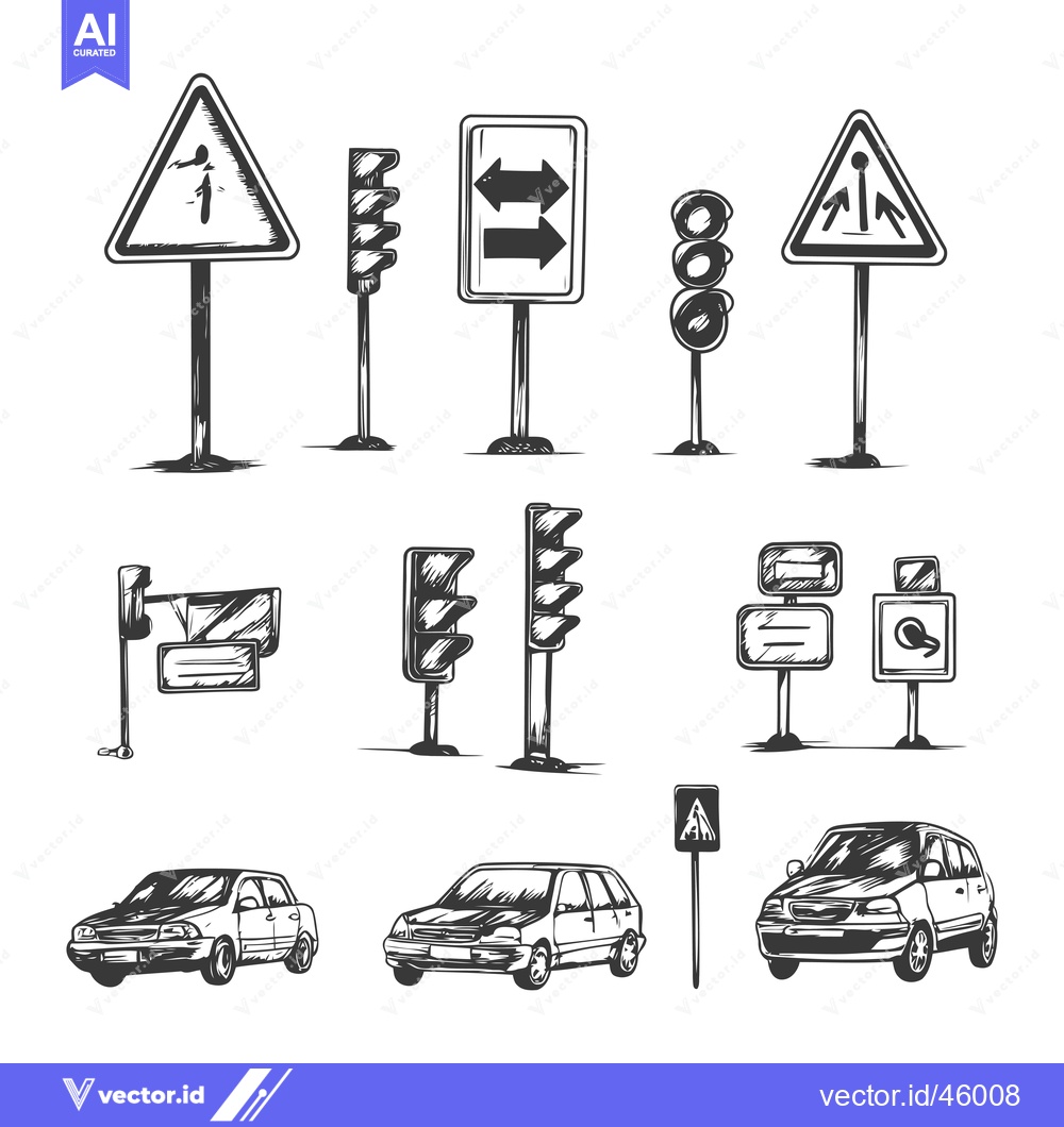 Premium Vector dari Hand-drawn illustration of various road signs, traffic lights, and car