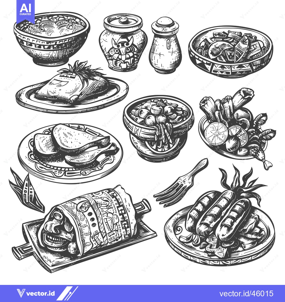 Premium Vector dari Hand-Drawn Illustration of Various Traditional Dishes on Plates and Bo