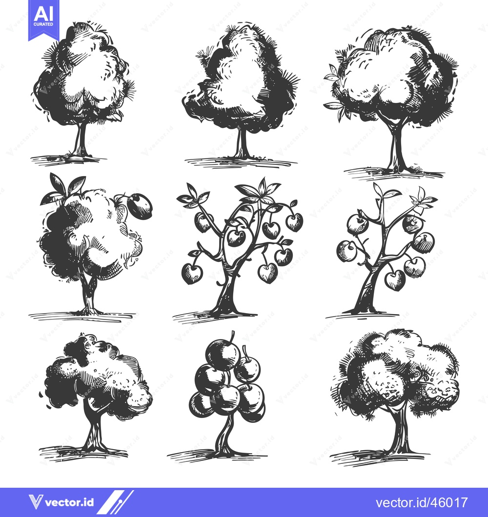 Premium Vector of Hand-drawn Illustration of Various Trees with Fruits