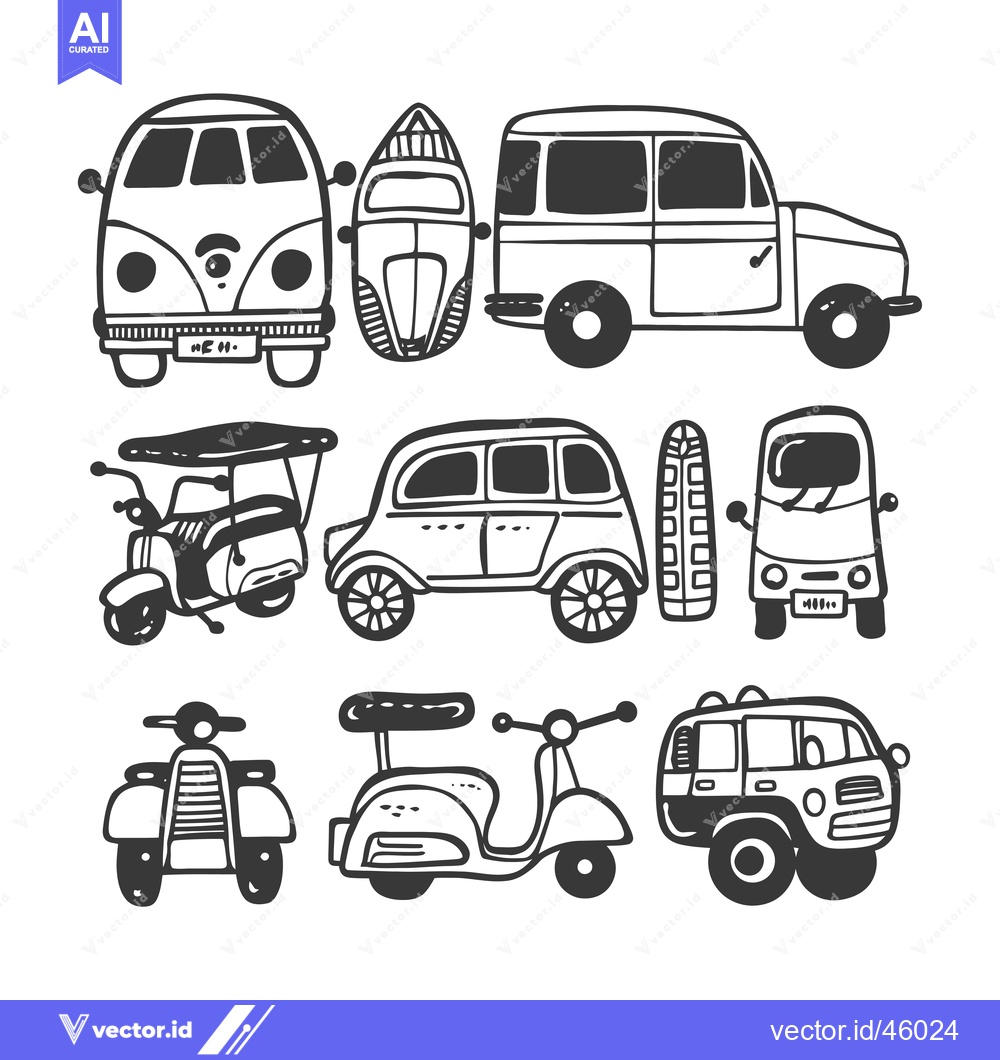 Premium Vector dari Hand-Drawn Illustration of Various Vintage Vehicles and Surfboards