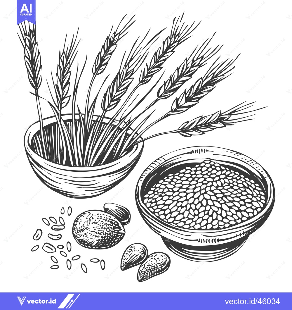 Premium Vector dari Hand-Drawn Illustration of Wheat, Grains, and Seeds in Bowls