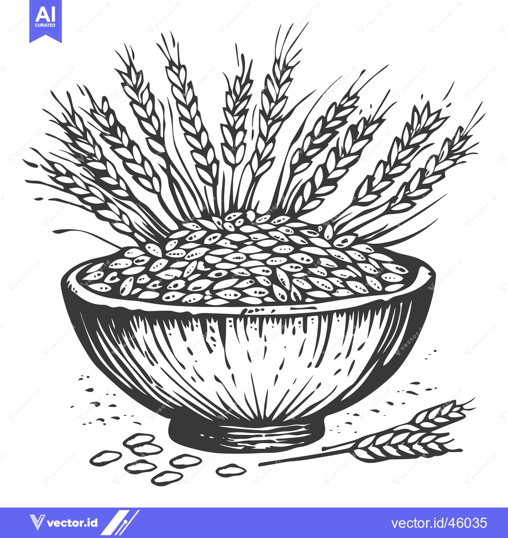 Premium Vector dari Hand-drawn illustration of wheat grains in a bowl with wheat stalks