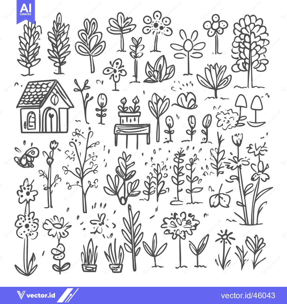 Premium Vector of Hand-drawn illustrations of a charming cottage garden with various pla