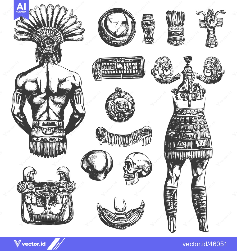 Premium Vector dari Hand-Drawn Illustrations of Ancient Mayan Culture, Including a Figure