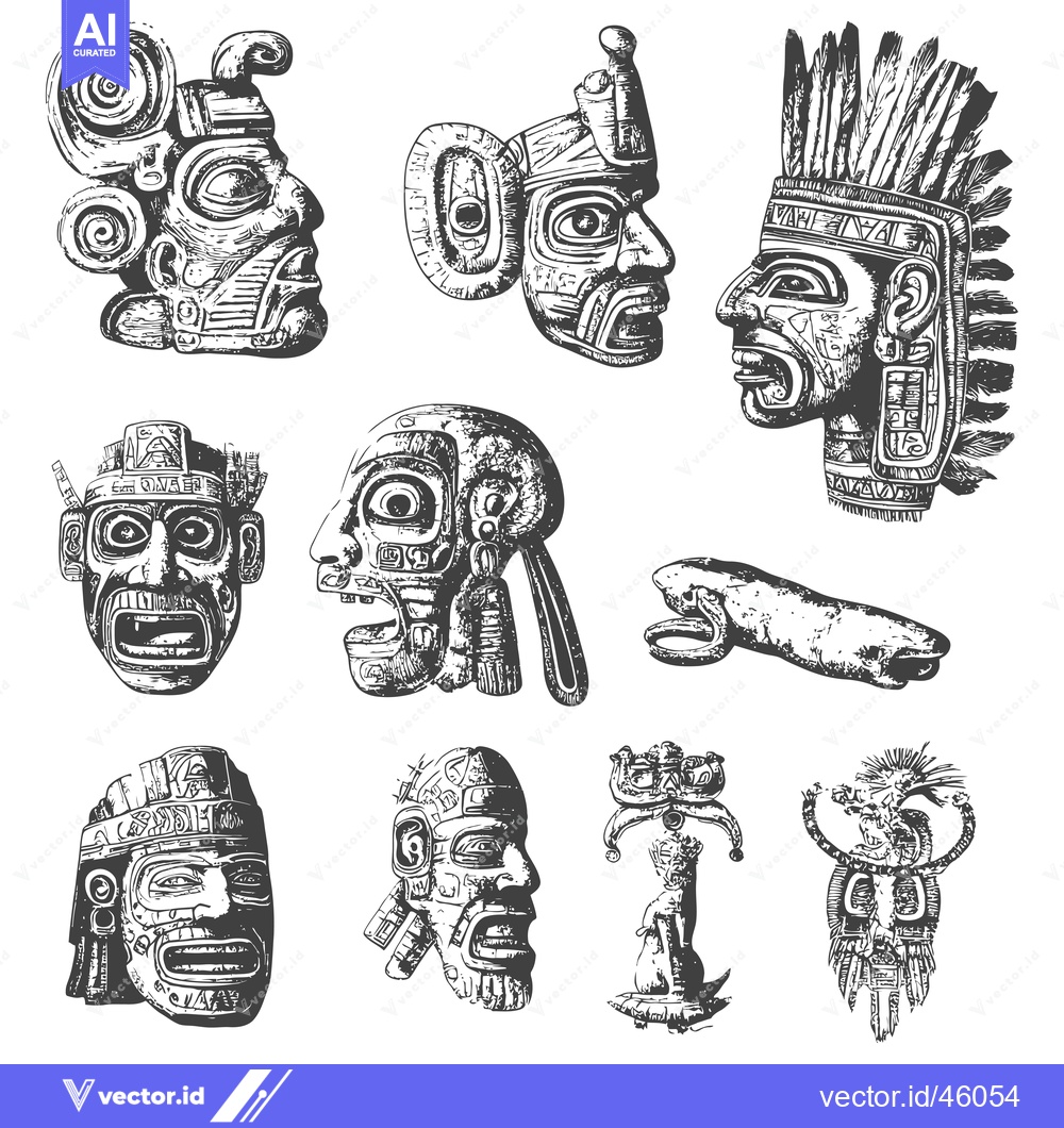 Premium Vector dari Hand-drawn illustrations of ancient Mesoamerican masks and figures