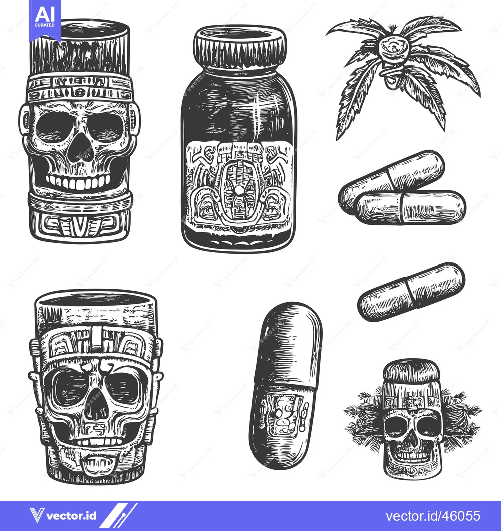 Premium Vector dari Hand-drawn illustrations of a skull, marijuana, and medicine capsules