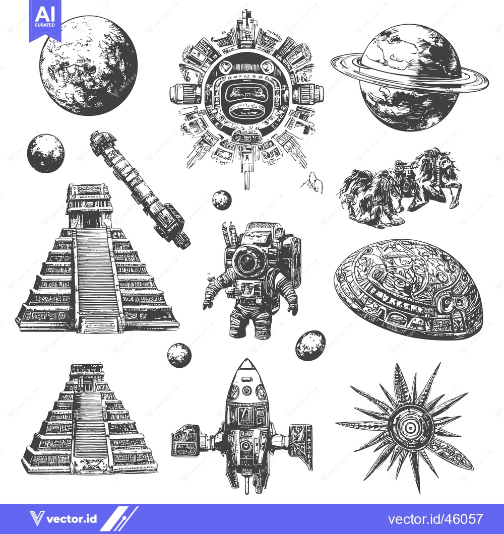 Premium Vector of Hand-Drawn Illustrations of Aztec Space Travel and Technology