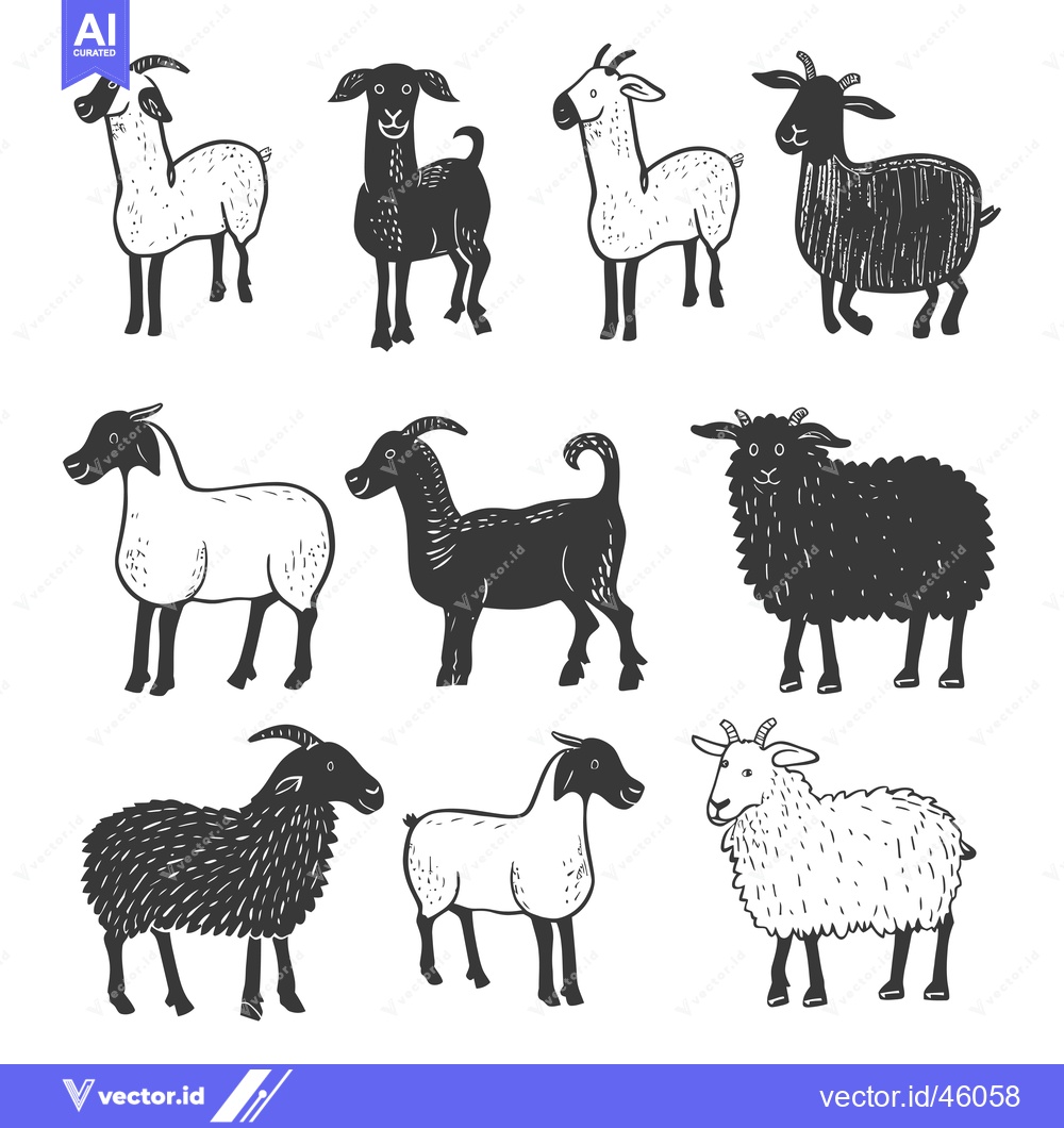 Premium Vector dari Hand-drawn illustrations of black and white goats in various poses