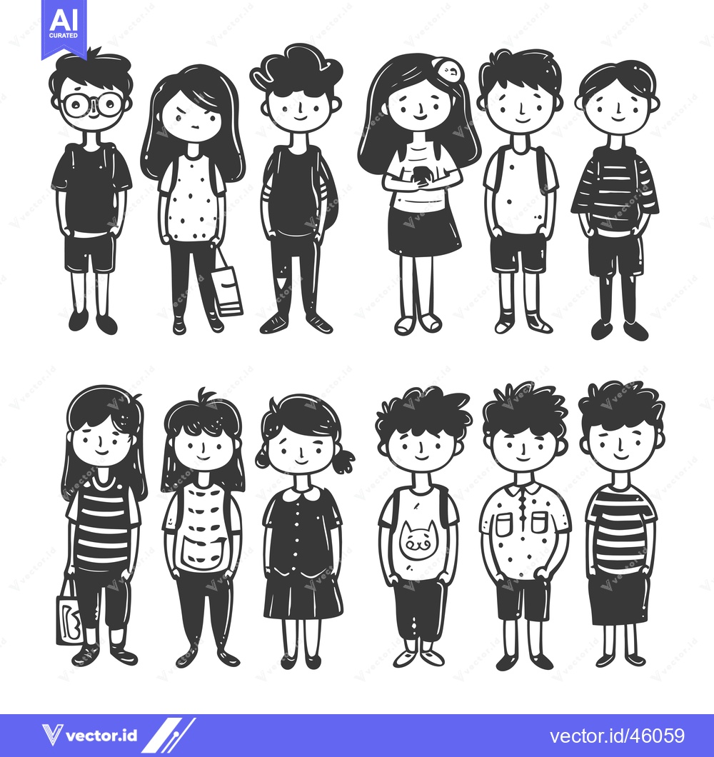 Premium Vector of Hand-drawn illustrations of children in various poses and clothing sty