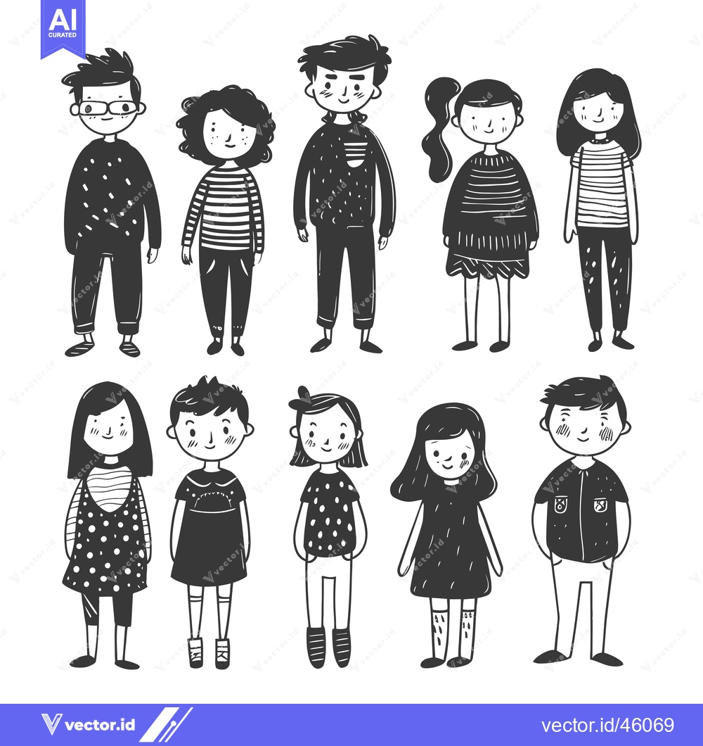 Premium Vector dari Hand-drawn Illustrations of Eight Children in Casual Clothing