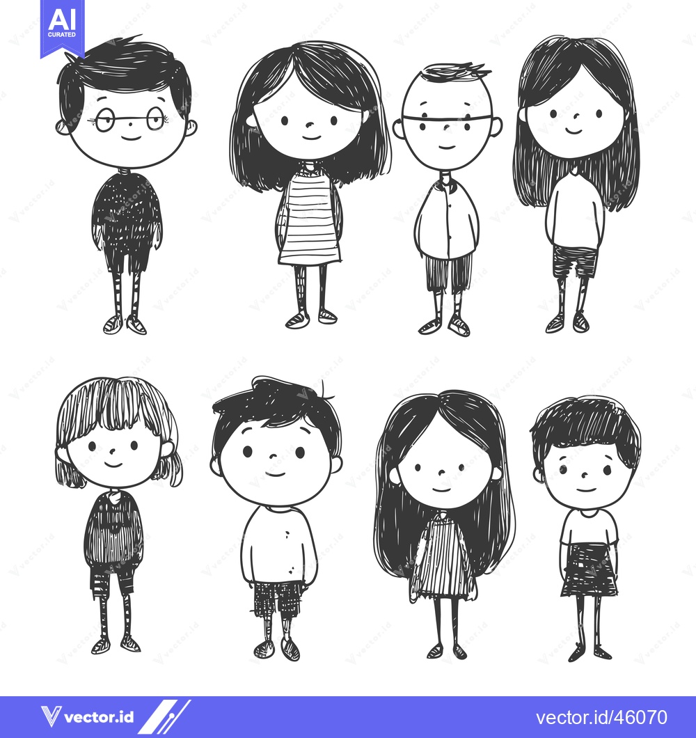 Premium Vector of Hand-drawn Illustrations of Eight Children Standing in Casual Attire