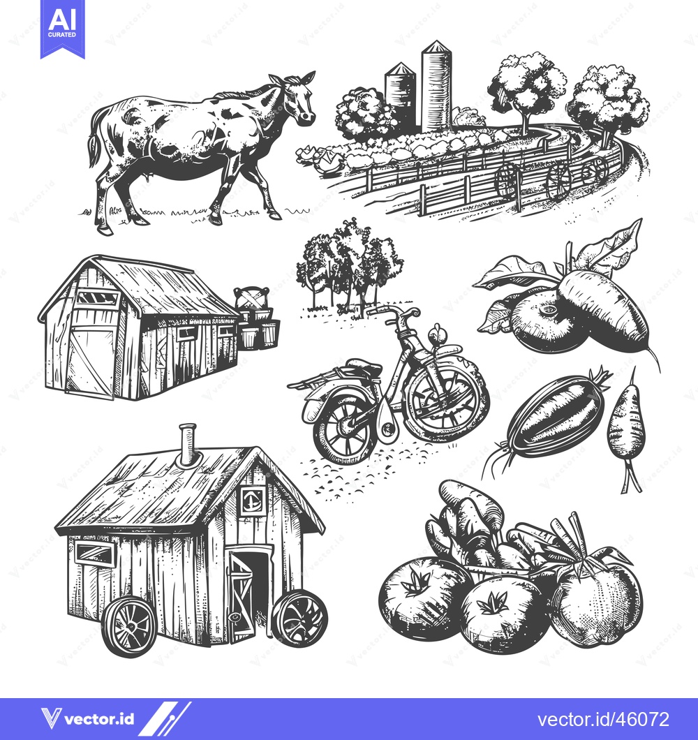 Premium Vector of Hand-Drawn Illustrations of Farm Life, Featuring Buildings, Animals, a
