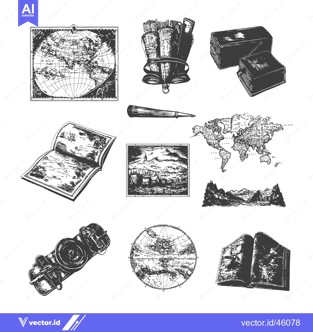 Premium Vector dari Hand-Drawn Illustrations of Globe, Map, Compass, and Books