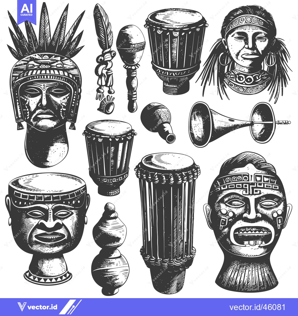 Premium Vector dari Hand-Drawn Illustrations of Indigenous Musical Instruments and Faces