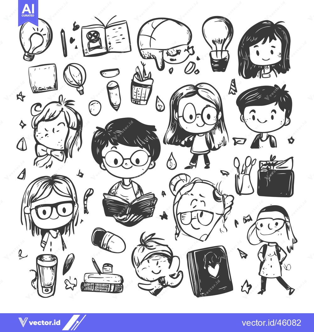 Premium Vector of Hand-Drawn Illustrations of Kids, Books, and Learning Supplies