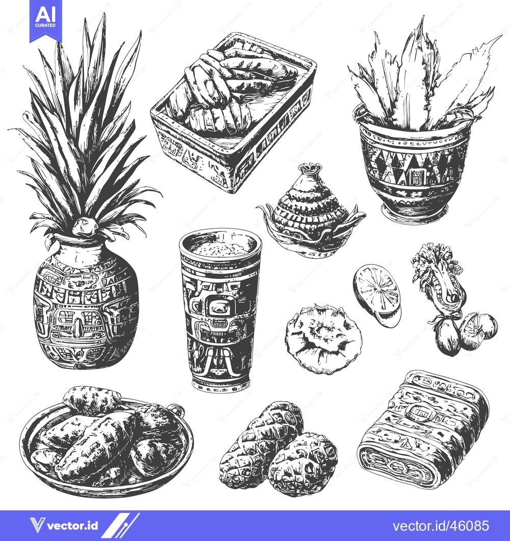 Premium Vector dari Hand-Drawn Illustrations of Mayan Culture Artifacts and Plants