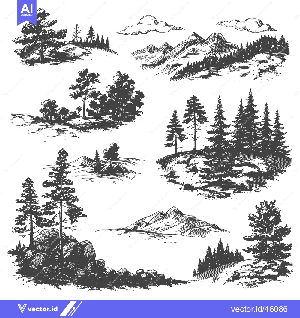 Premium Vector dari Hand-Drawn Illustrations of Mountains, Trees, and Rocks