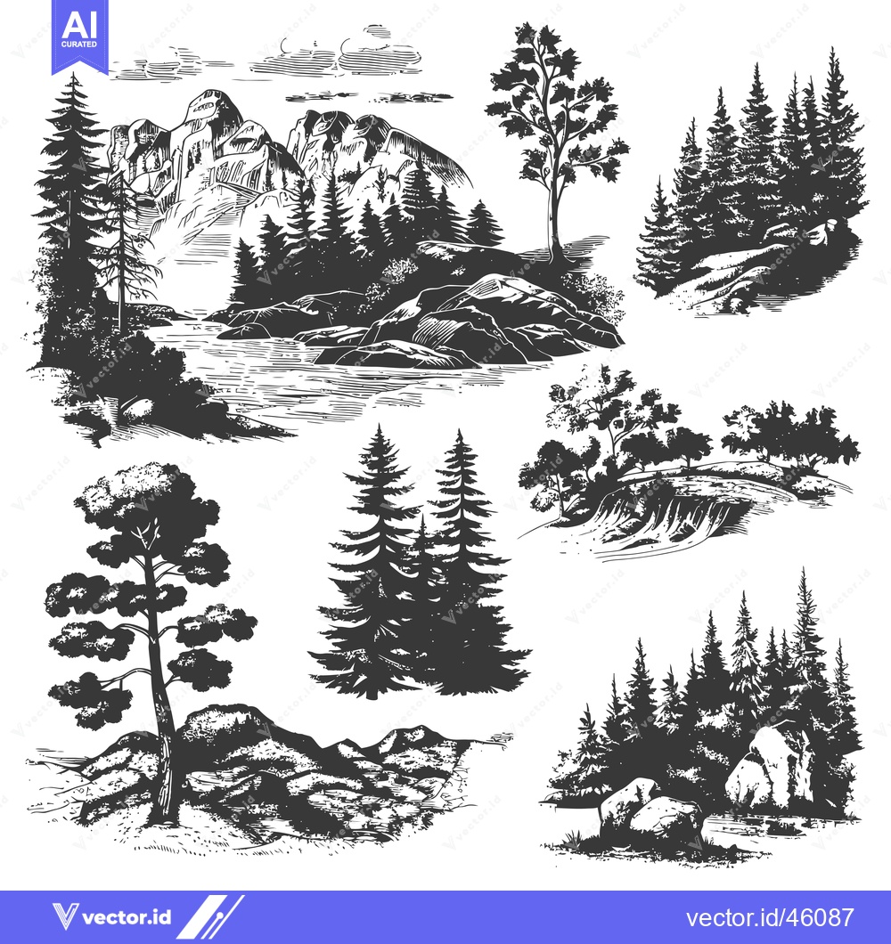 Premium Vector dari Hand-drawn Illustrations of Mountains, Trees, and Rocks