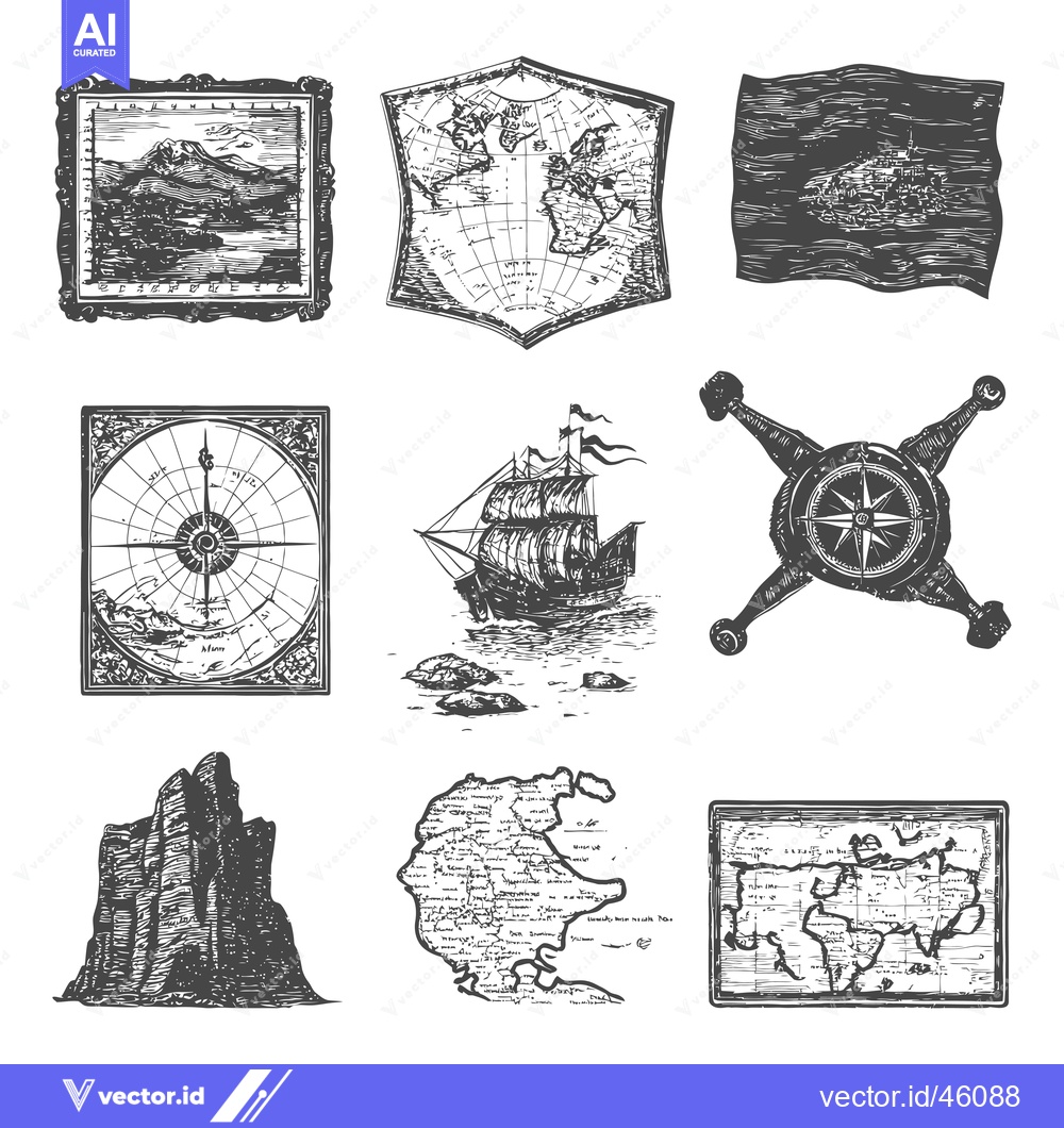 Premium Vector of Hand-Drawn Illustrations of Nautical and Geographic Elements