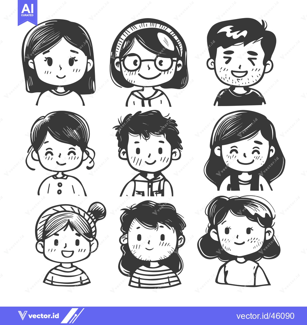 Premium Vector dari Hand-drawn illustrations of nine smiling people with different hairsty