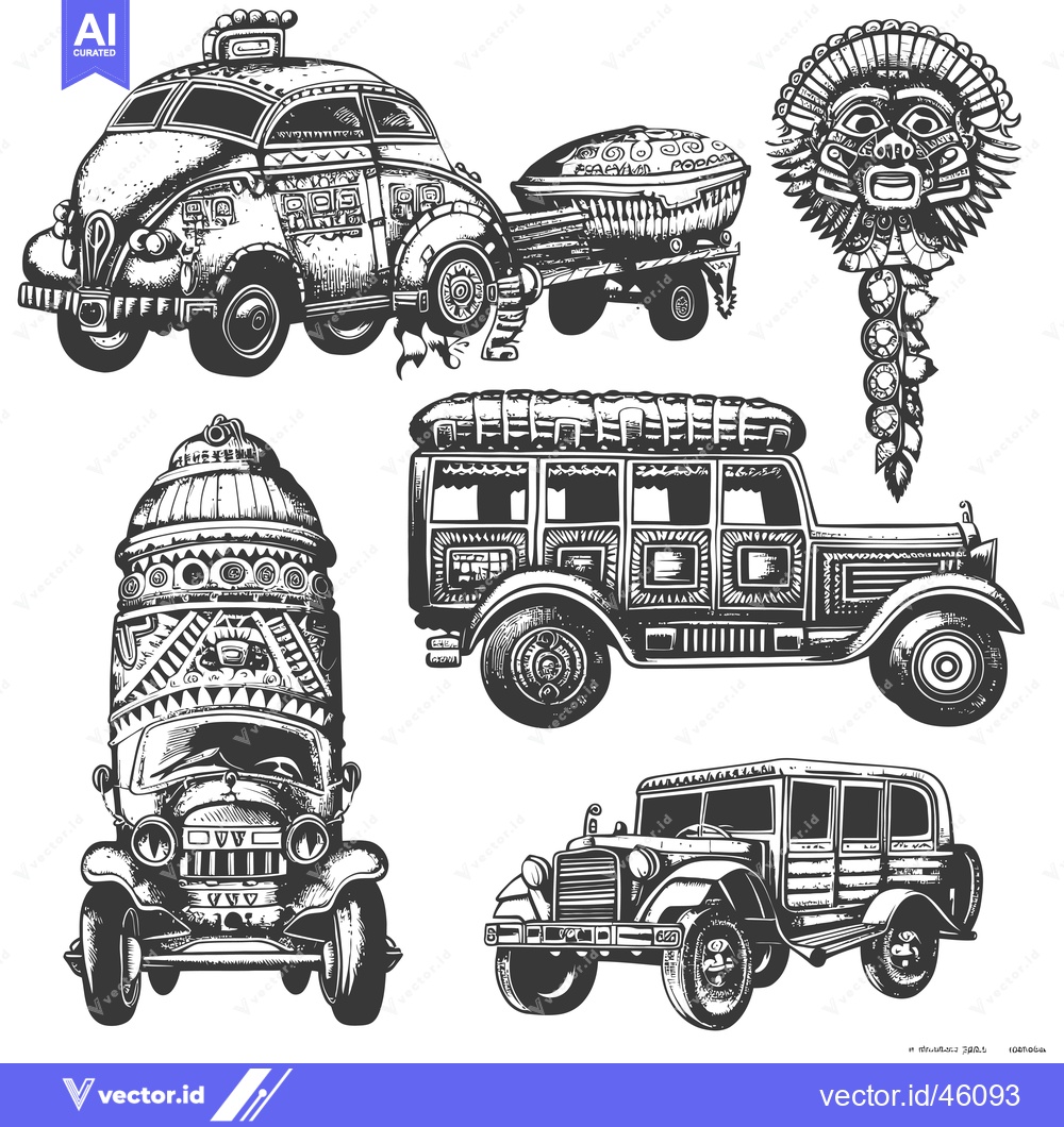 Premium Vector dari Hand-Drawn Illustrations of Ornate Cars and a Tribal Mask