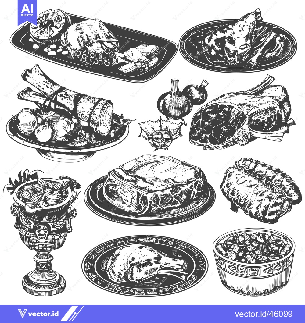 Premium Vector dari Hand-Drawn Illustrations of Roasted Meats and Dishes on Plates