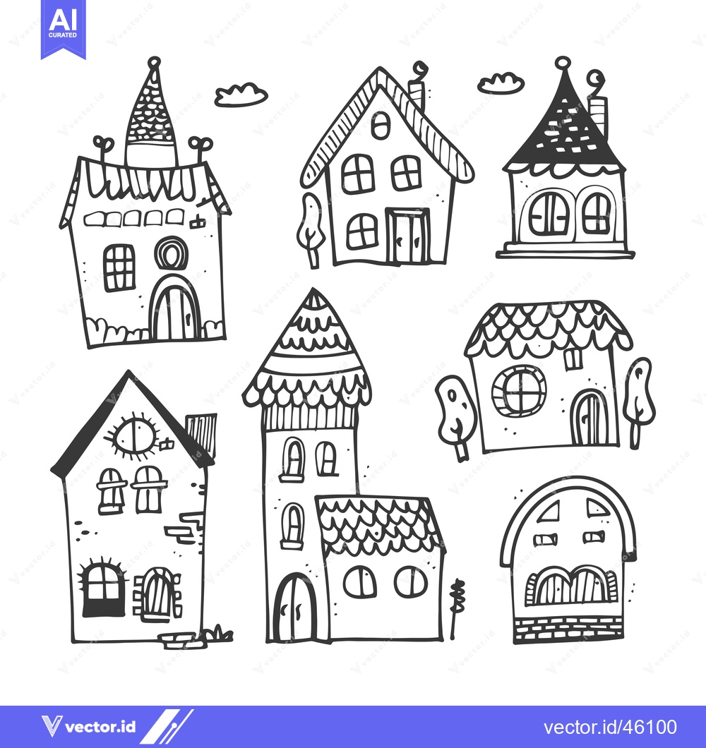 Premium Vector of Hand-Drawn Illustrations of Seven Unique Houses with Different Archite