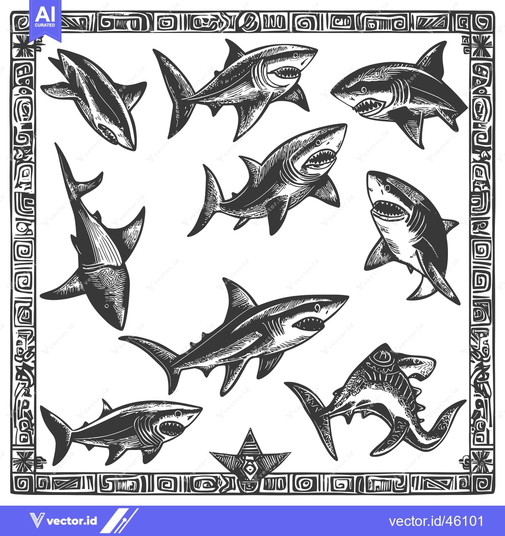 Premium Vector dari Hand-drawn Illustrations of Sharks with Tribal Frame