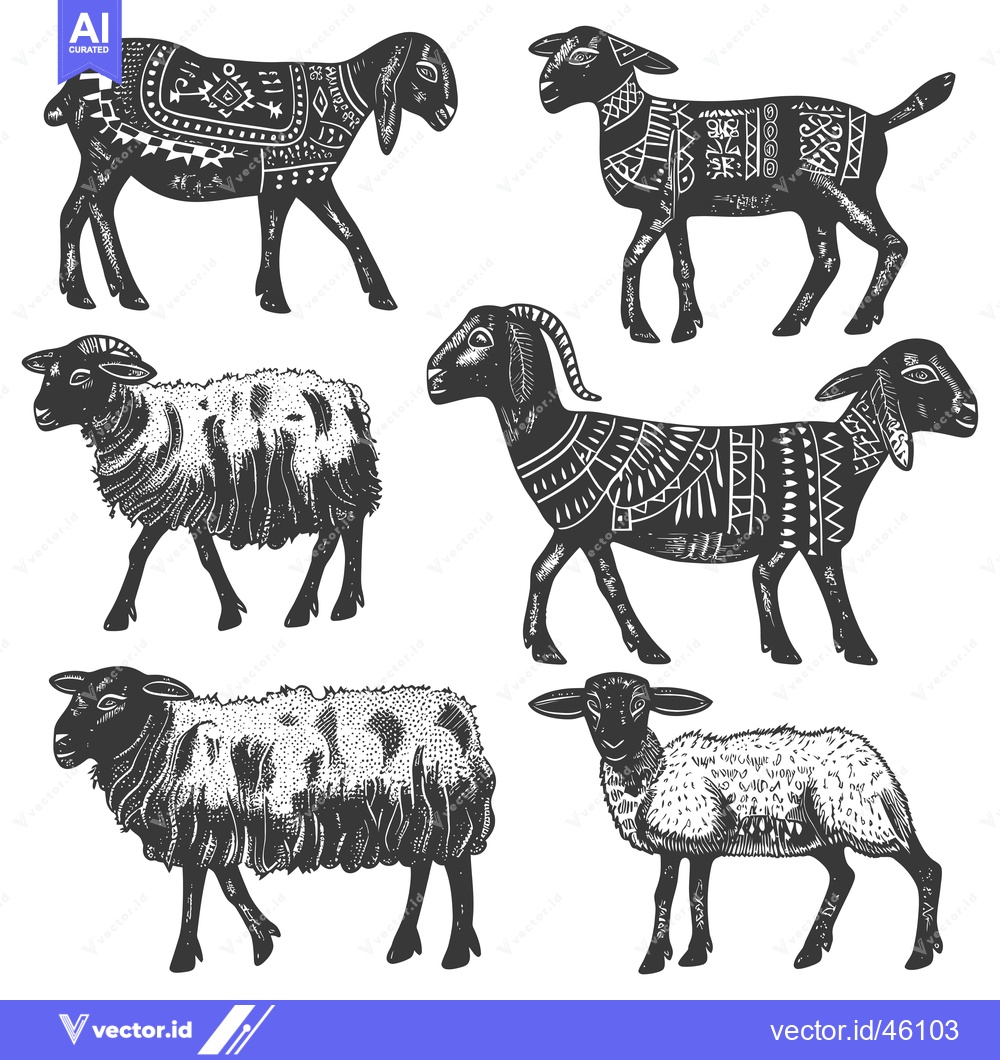 Premium Vector of Hand-drawn Illustrations of Sheep and Goats with Geometric Patterns