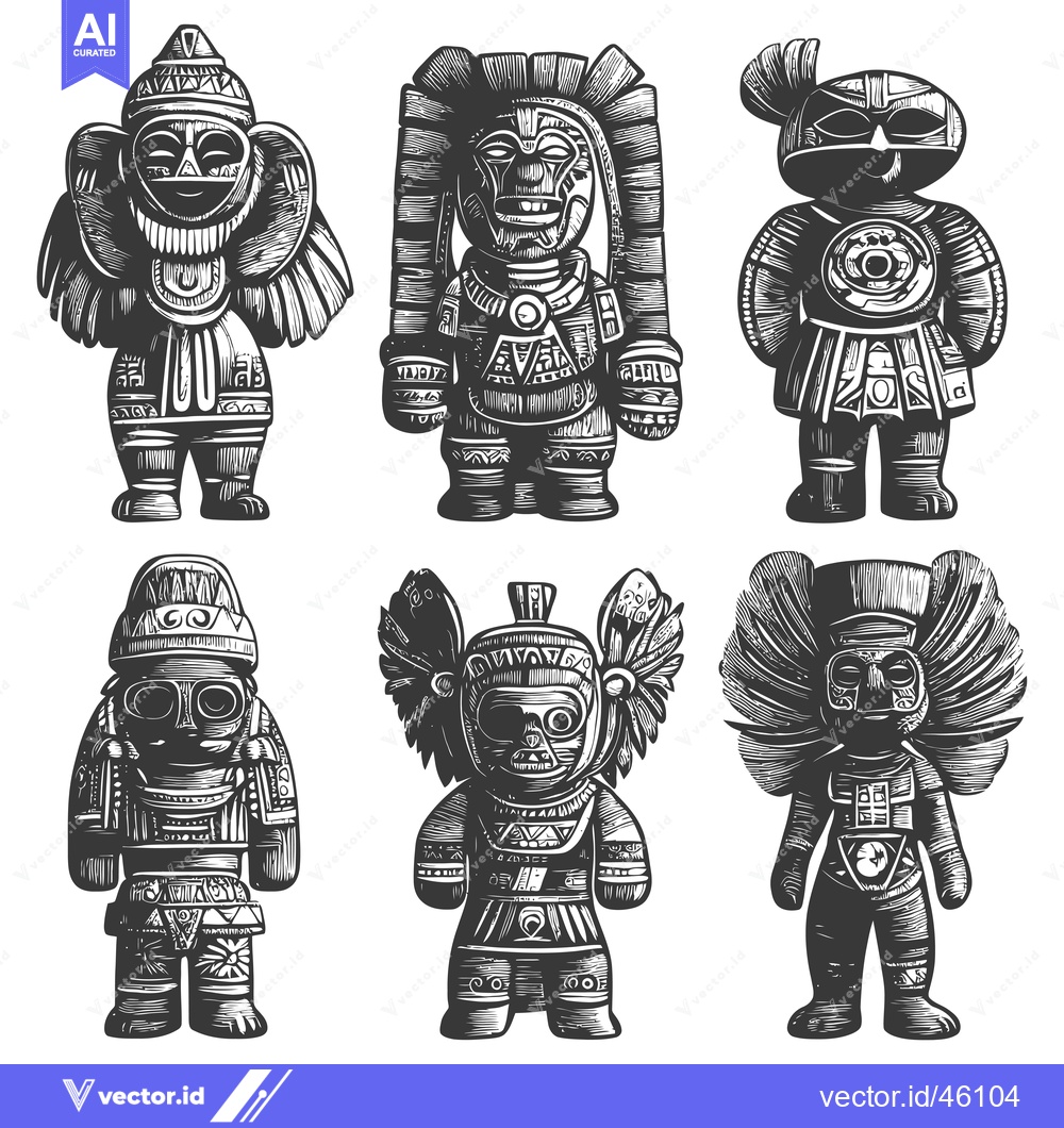 Premium Vector dari Hand-Drawn Illustrations of Six Intricate Ancient Aztec Statues
