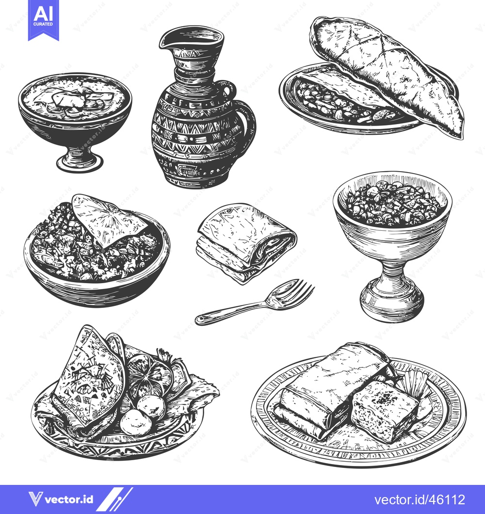Premium Vector of Hand-Drawn Illustrations of Traditional Middle Eastern Dishes and Uten