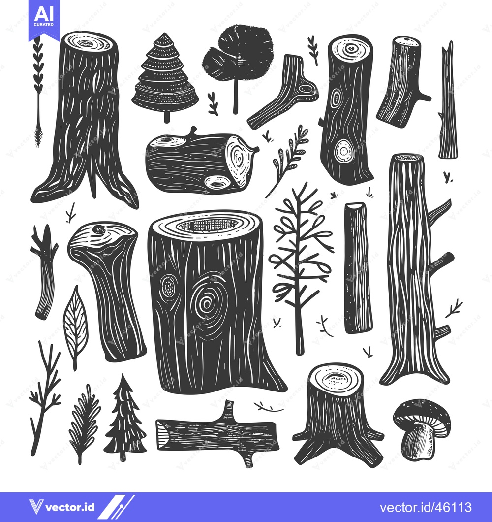 Premium Vector dari Hand-drawn illustrations of tree stumps, branches, and leaves