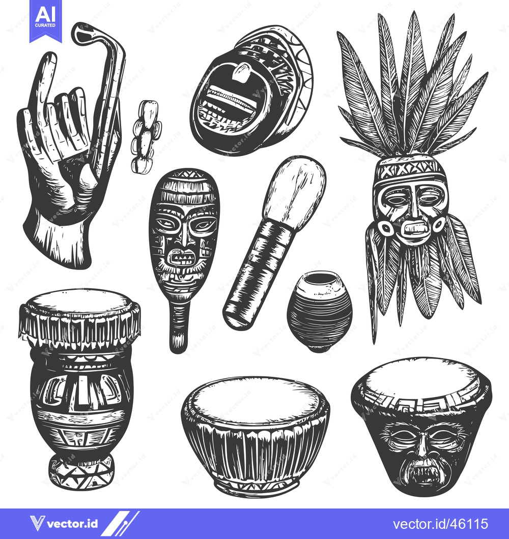 Premium Vector of Hand-Drawn Illustrations of Tribal Masks, Drums, and Artifacts