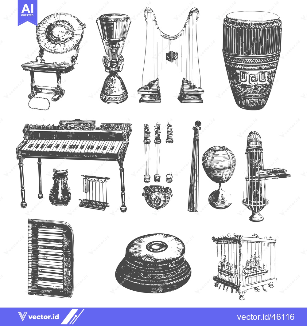 Premium Vector of Hand-drawn illustrations of various antique musical instruments