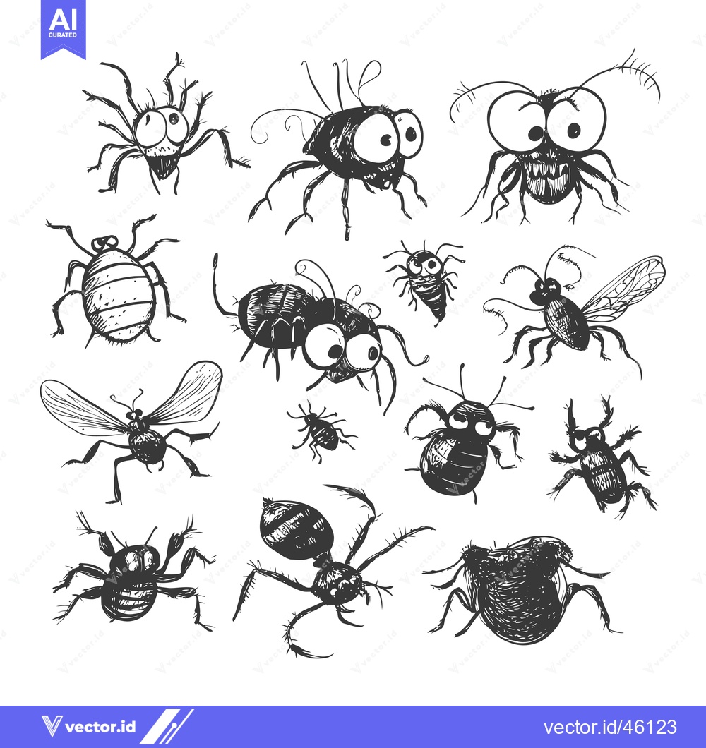 Premium Vector of Hand-Drawn Illustrations of Various Bug Species with Large Eyes
