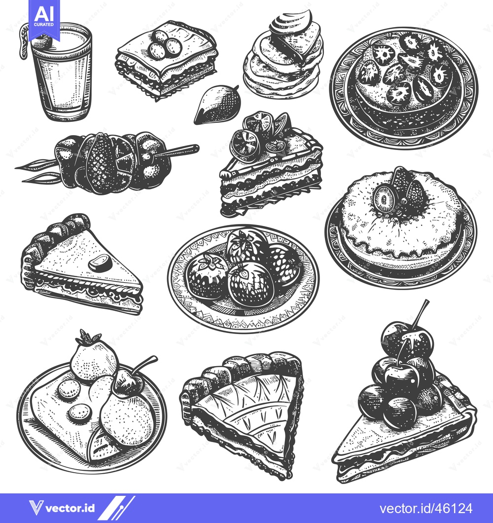 Premium Vector dari Hand-drawn Illustrations of Various Cakes, Pies, and Fruit