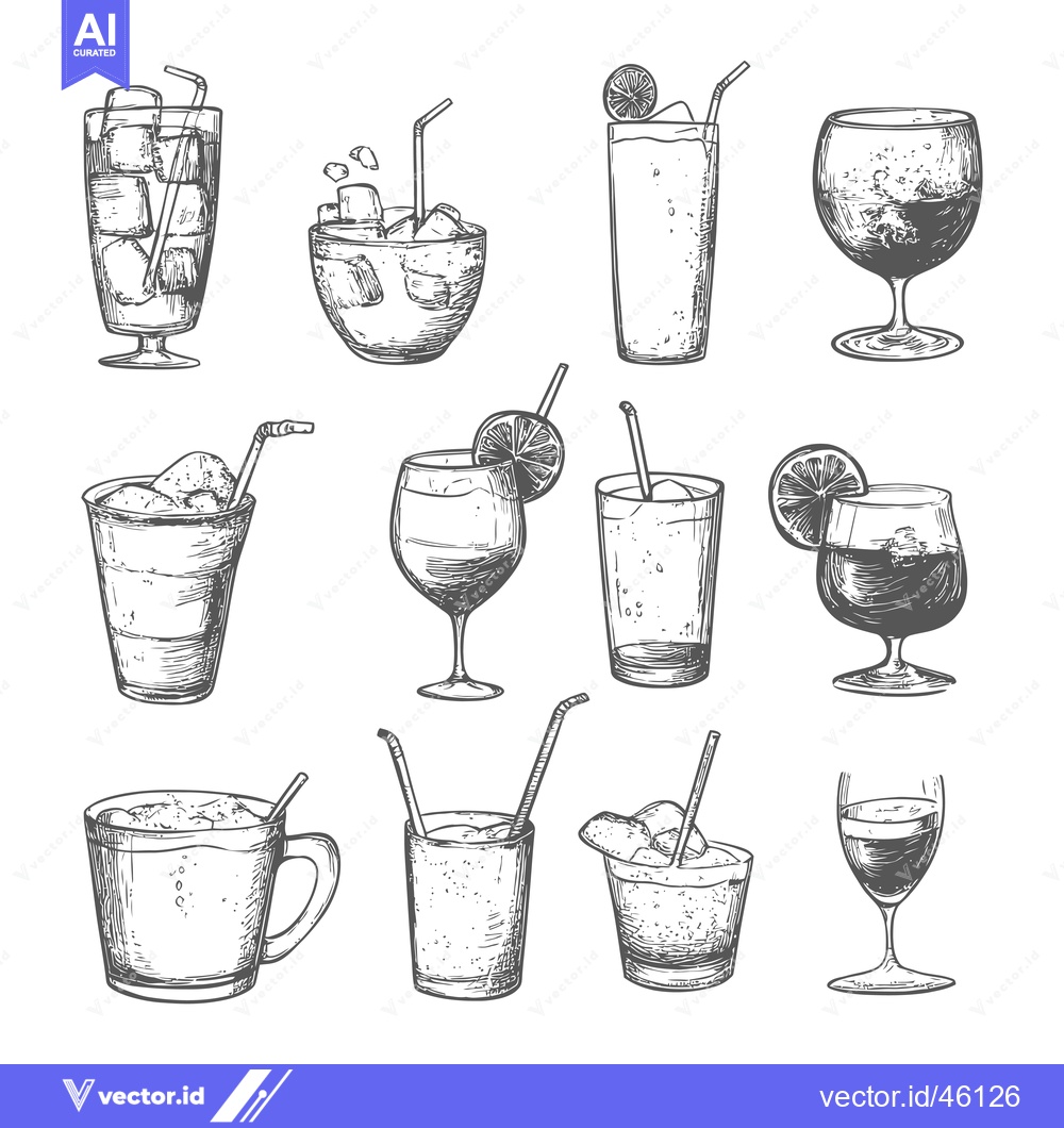 Premium Vector dari Hand-drawn illustrations of various cocktails with straws, ice, and ga