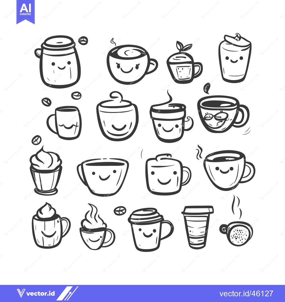 Premium Vector dari Hand-drawn Illustrations of Various Coffee and Tea Cups with Smiley Fa