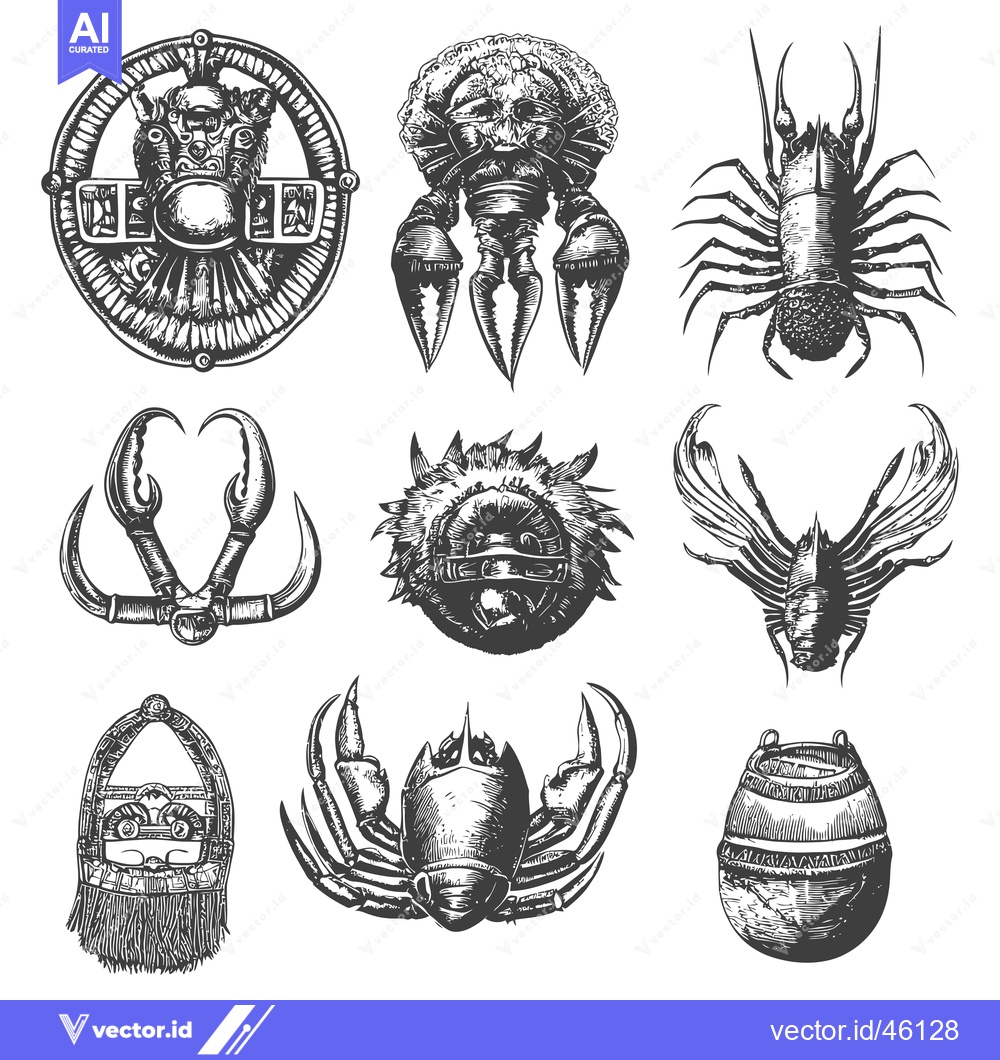 Premium Vector of Hand-Drawn Illustrations of Various Crustaceans and a Pot