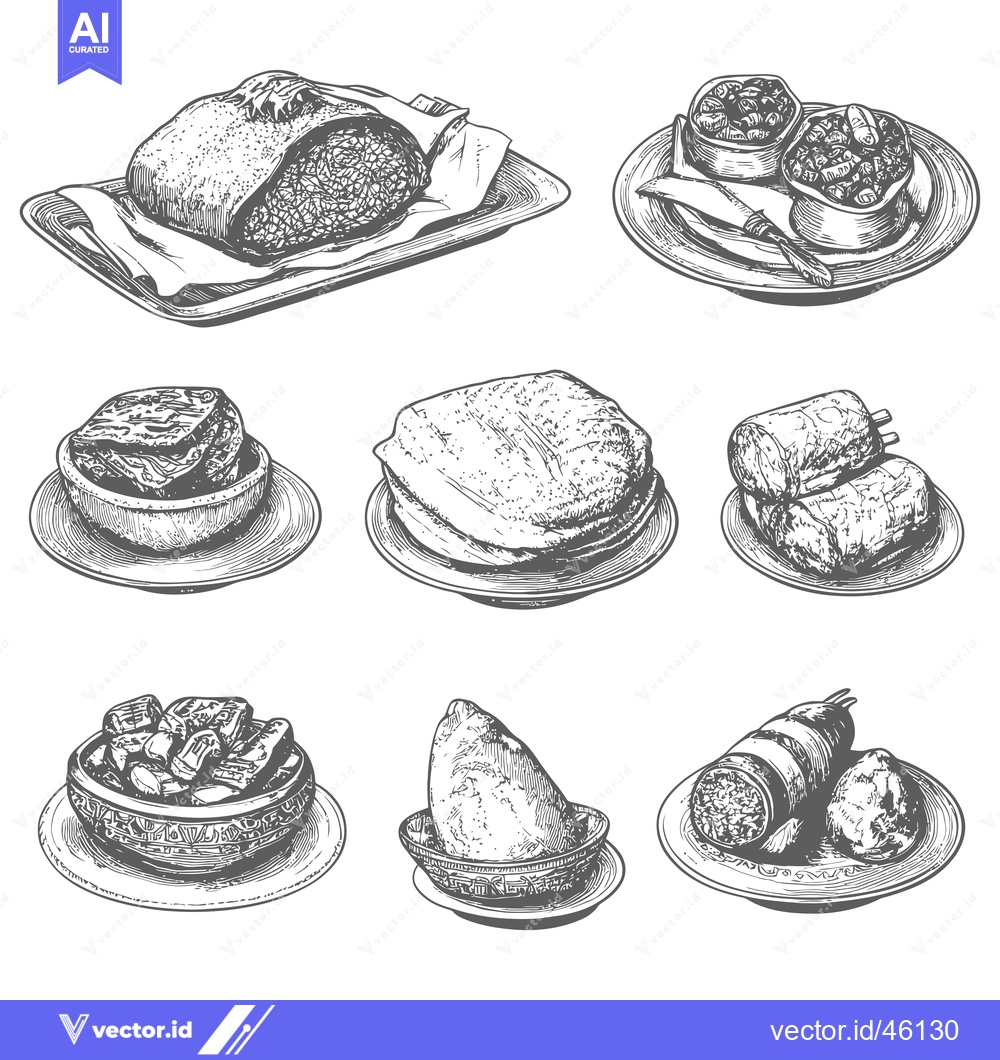 Premium Vector dari Hand-drawn illustrations of various filled pastries and pies on plates