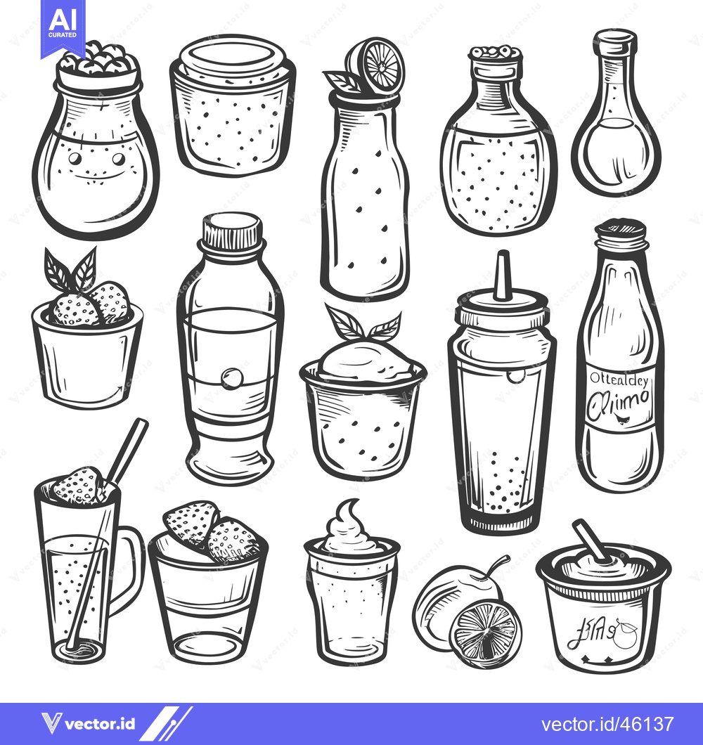 Premium Vector dari Hand-Drawn Illustrations of Various Glass Containers with Drinks and F