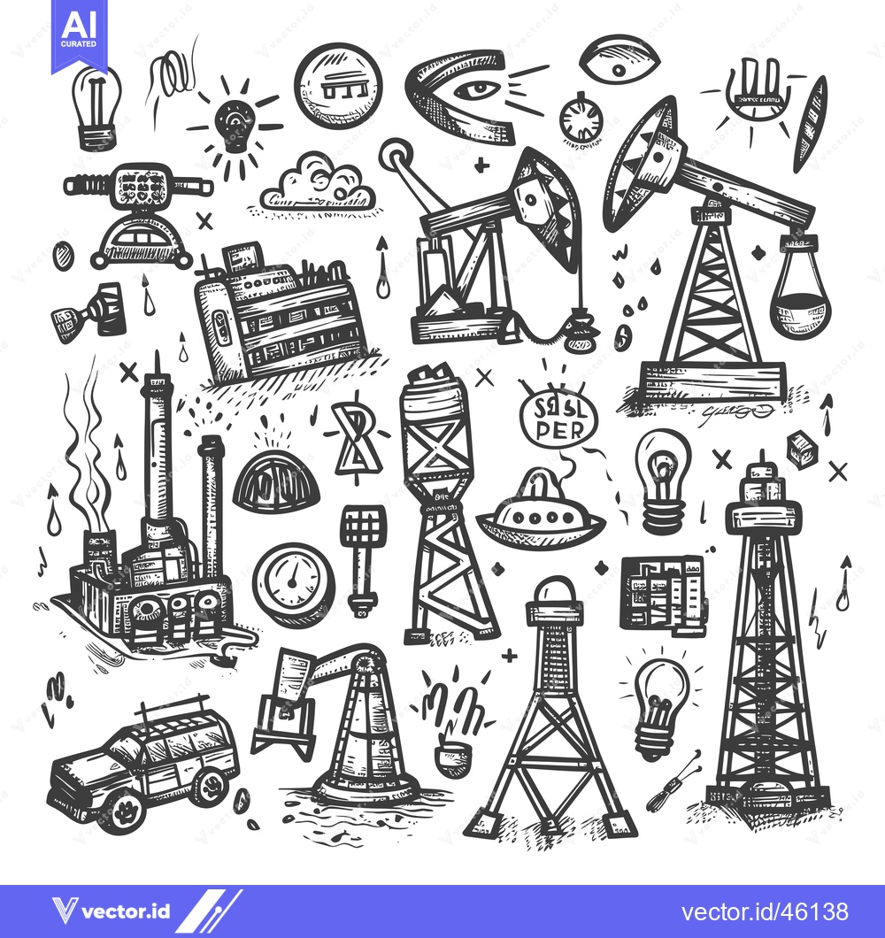 Premium Vector of Hand-drawn illustrations of various industrial and technological objec