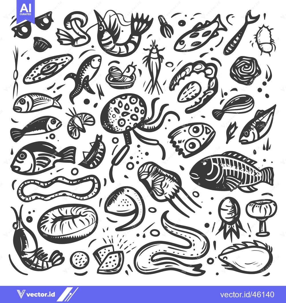 Premium Vector dari Hand-Drawn Illustrations of Various Marine Life, Including Fish, Shrim
