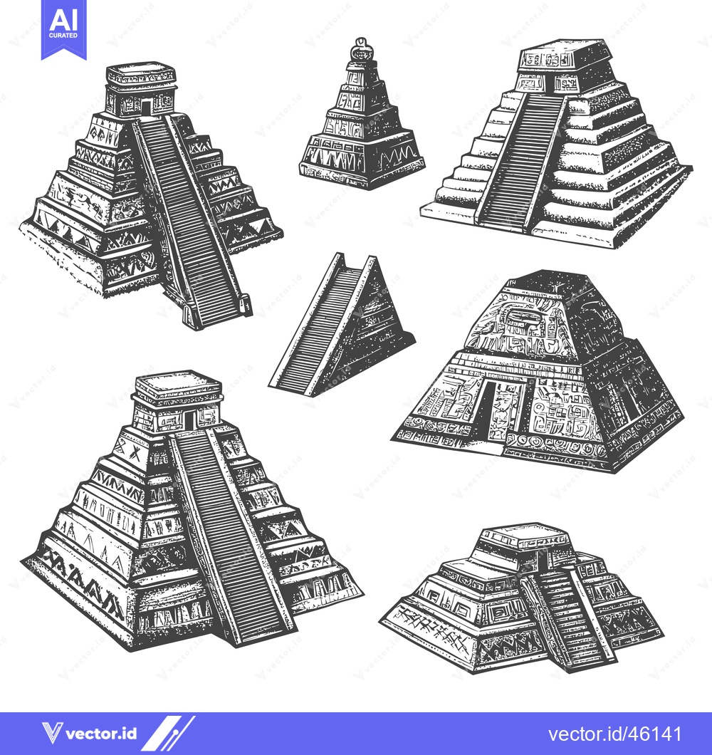 Premium Vector of Hand Drawn Illustrations of Various Mayan Pyramids