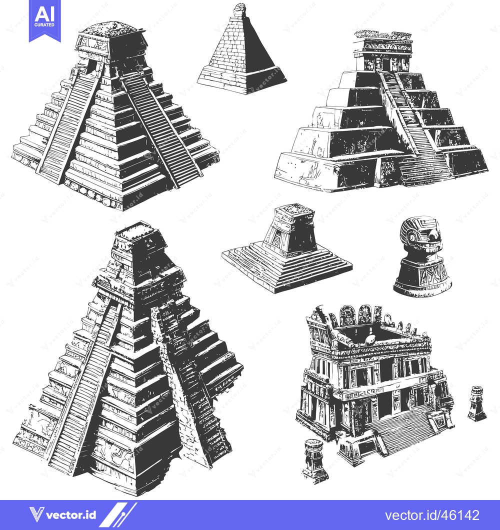 Premium Vector dari Hand-Drawn Illustrations of Various Mayan Pyramids and Structures