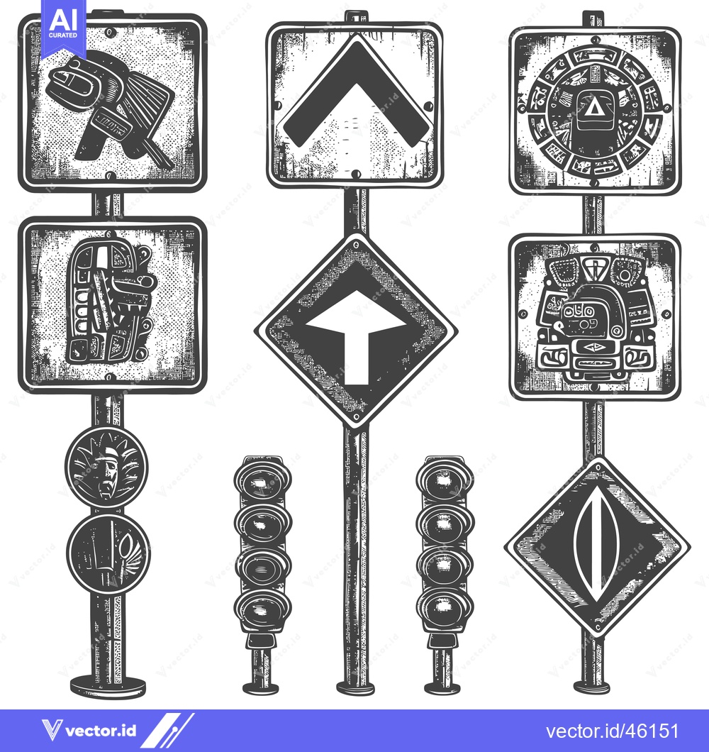 Premium Vector dari Hand-Drawn Illustrations of Various Road Signs with Aztec-Inspired Des