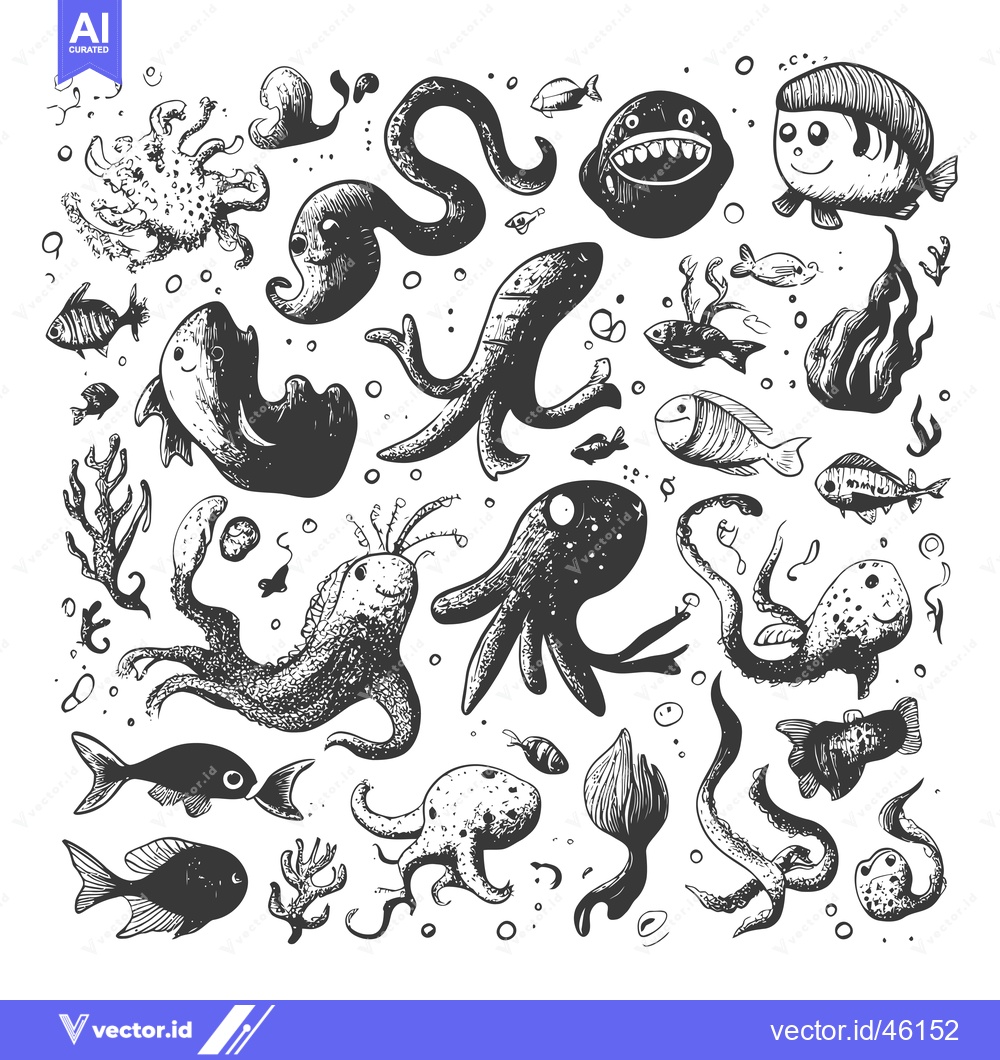 Premium Vector of Hand-drawn illustrations of various sea creatures and plants