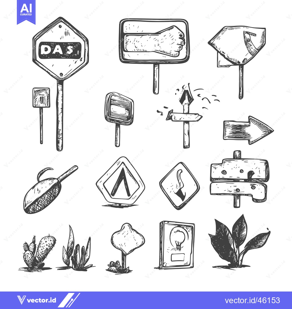 Premium Vector of Hand-Drawn Illustrations of Various Signs, Arrows, and Plants
